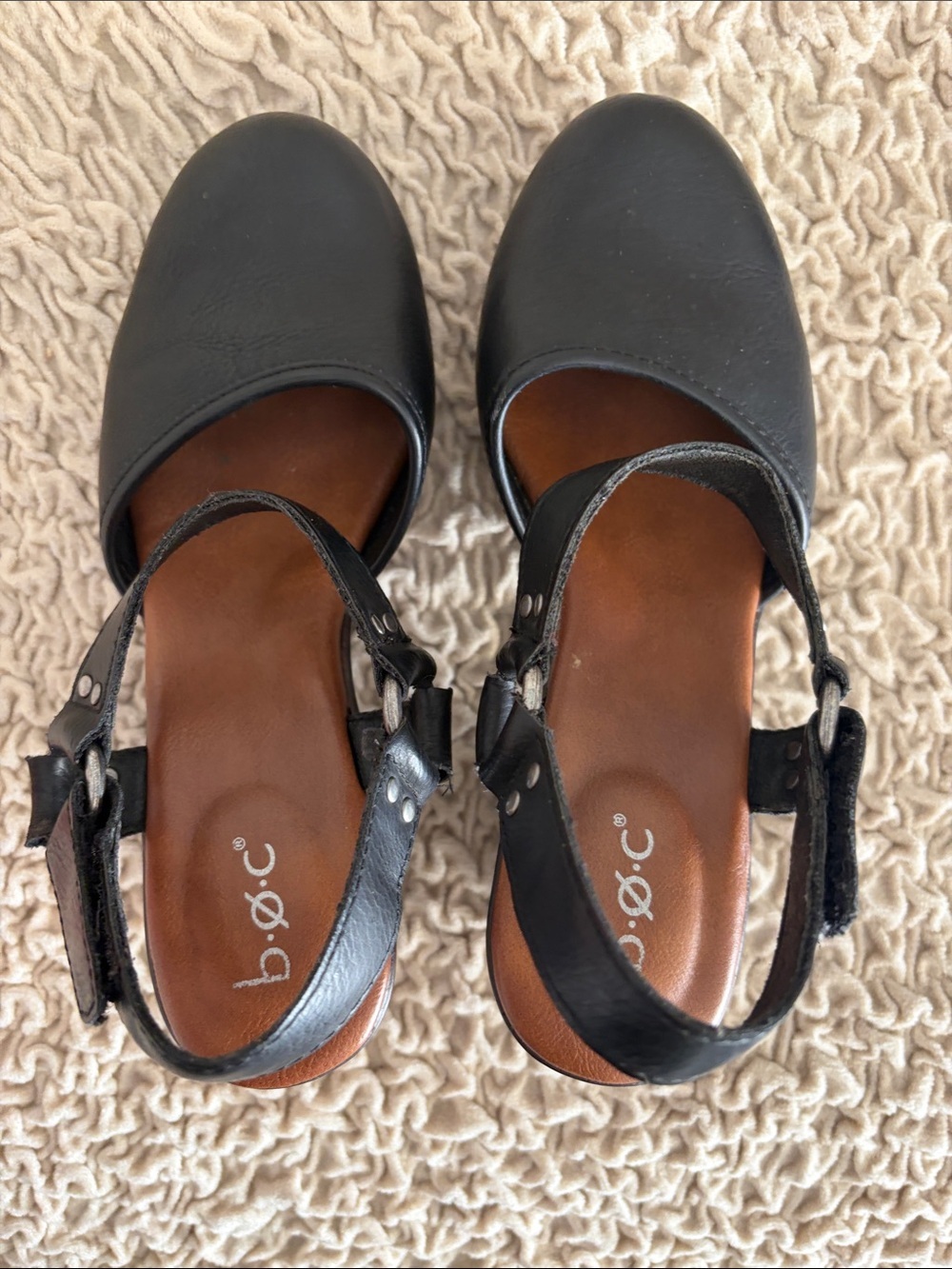 b.o.c. Black Leather Slingback Clogs with Brown Insole